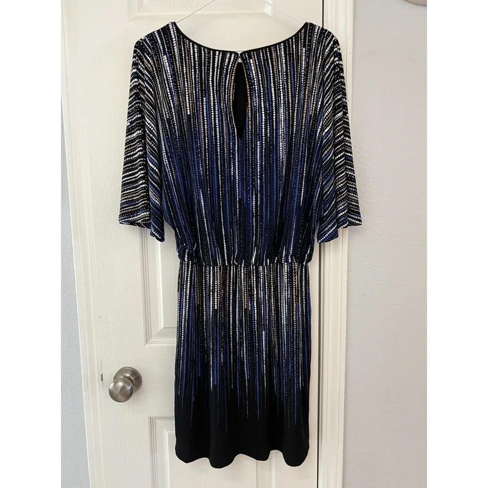 WHBM Blouson Mini Dress‎ Women's Medium Black Blue Sequin Stripe Cocktail Party
